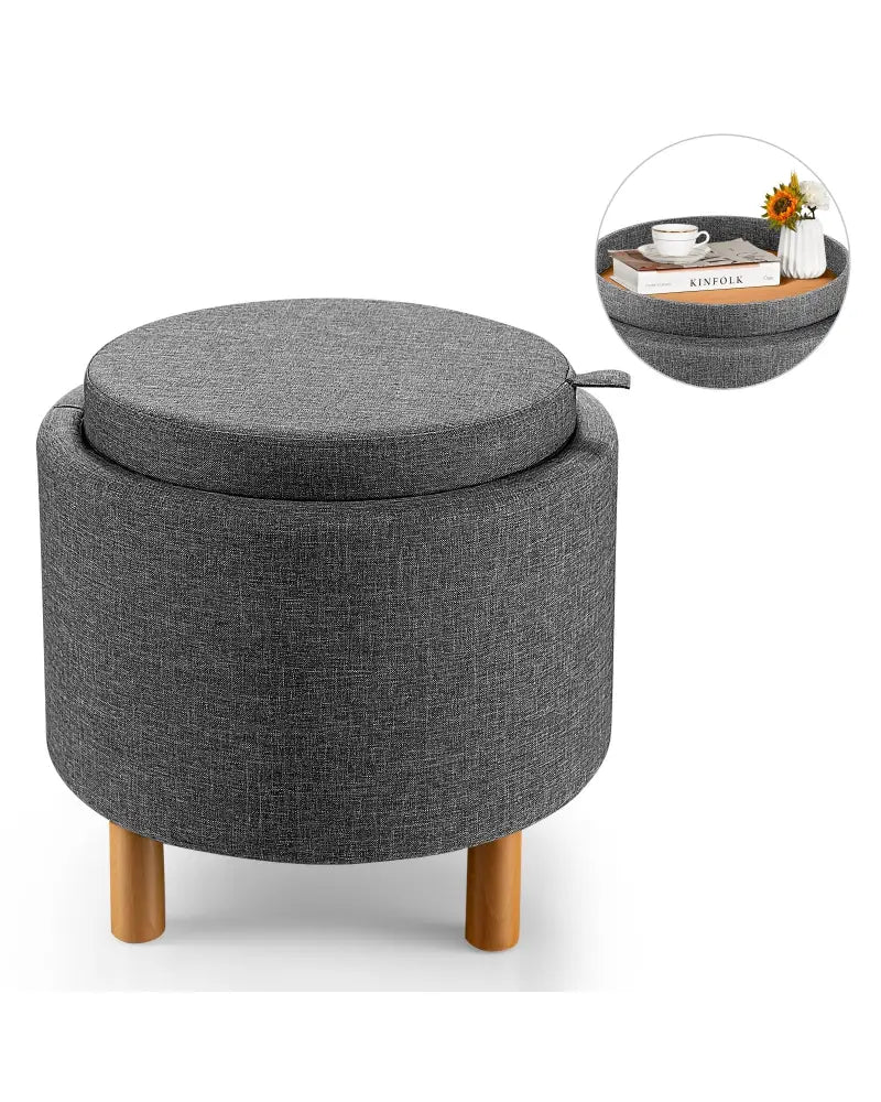 Round Fabric Storage Ottoman with Tray and Non-Slip Pads for Bedroom-Gray - Gray - Ottomans