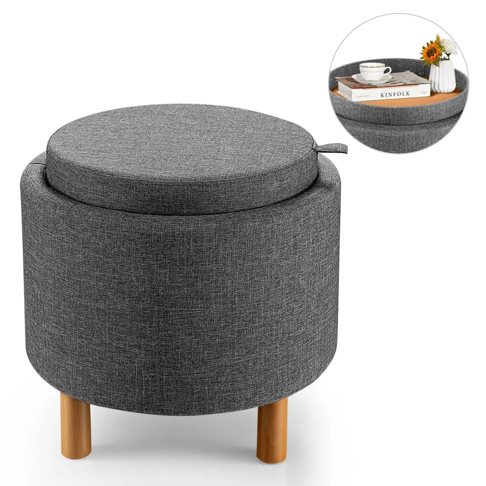 Round Fabric Storage Ottoman with Tray and Non-Slip Pads for Bedroom-Gray - Gray - Ottomans