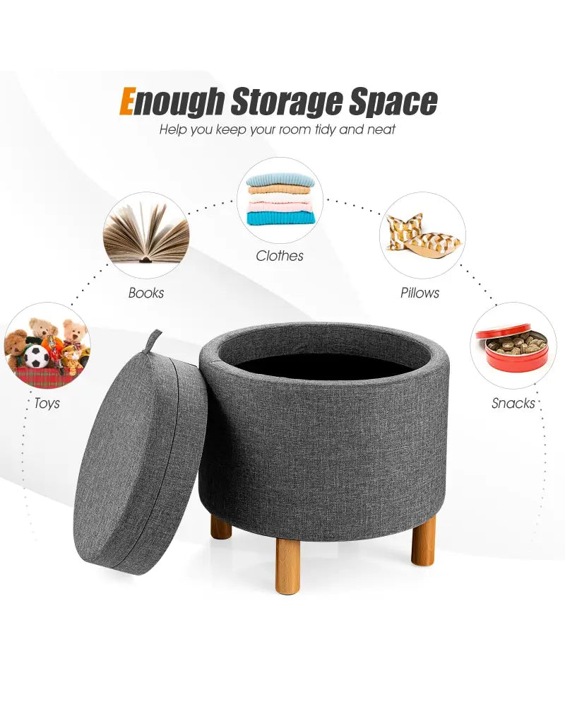 Round Fabric Storage Ottoman with Tray and Non-Slip Pads for Bedroom-Gray - Gray - Ottomans