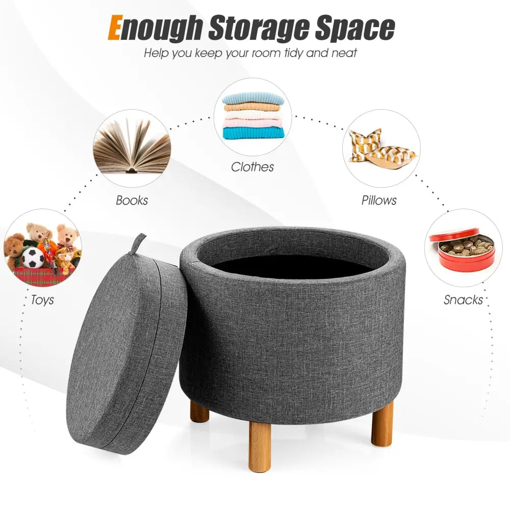 Round Fabric Storage Ottoman with Tray and Non-Slip Pads for Bedroom-Gray - Gray - Ottomans