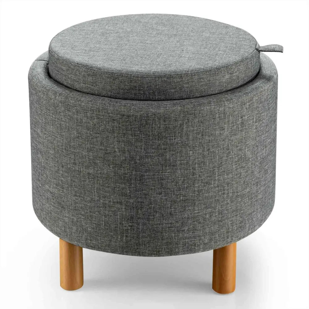 Round Fabric Storage Ottoman with Tray and Non-Slip Pads for Bedroom-Gray - Gray - Ottomans