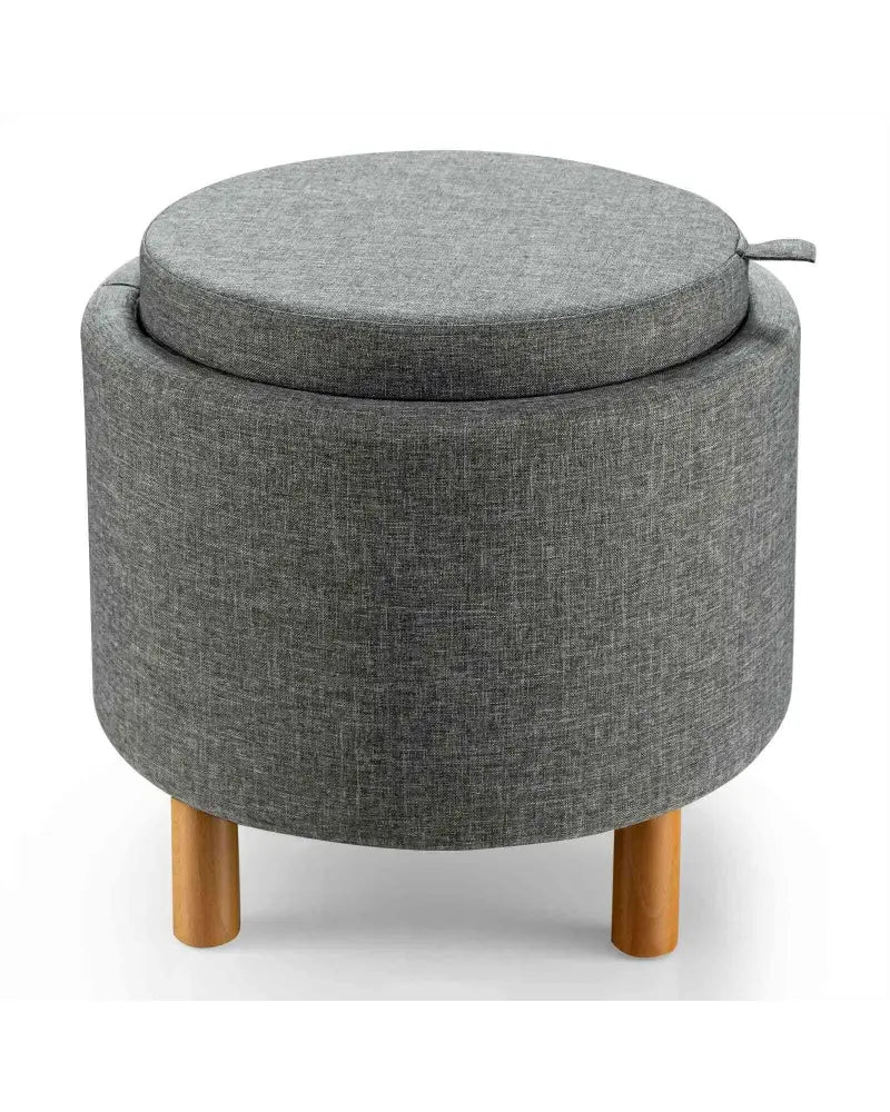 Round Fabric Storage Ottoman with Tray and Non-Slip Pads for Bedroom-Gray - Gray - Ottomans