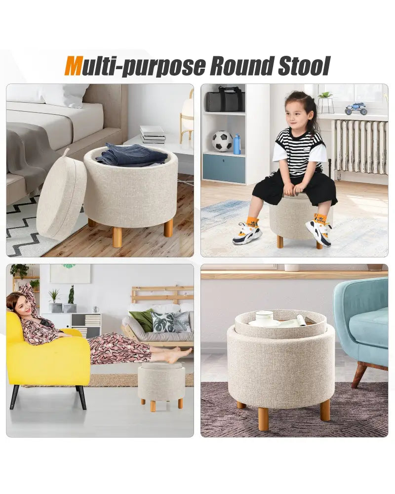 Round Fabric Storage Ottoman with Tray and Non-Slip Pads for Bedroom-Beige - Beige - Ottomans