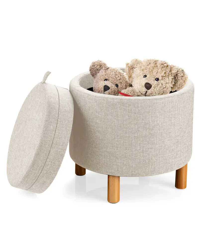 Round Fabric Storage Ottoman with Tray and Non-Slip Pads for Bedroom-Beige - Beige - Ottomans