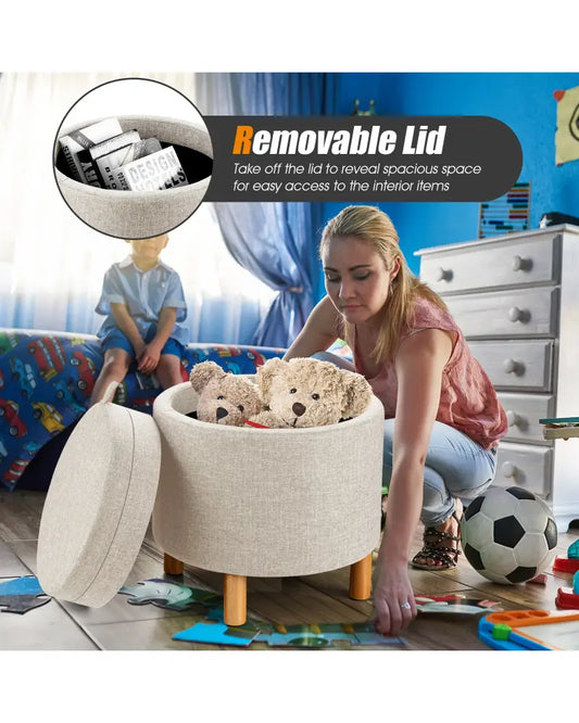Round Fabric Storage Ottoman with Tray and Non-Slip Pads for Bedroom-Beige - Beige - Ottomans