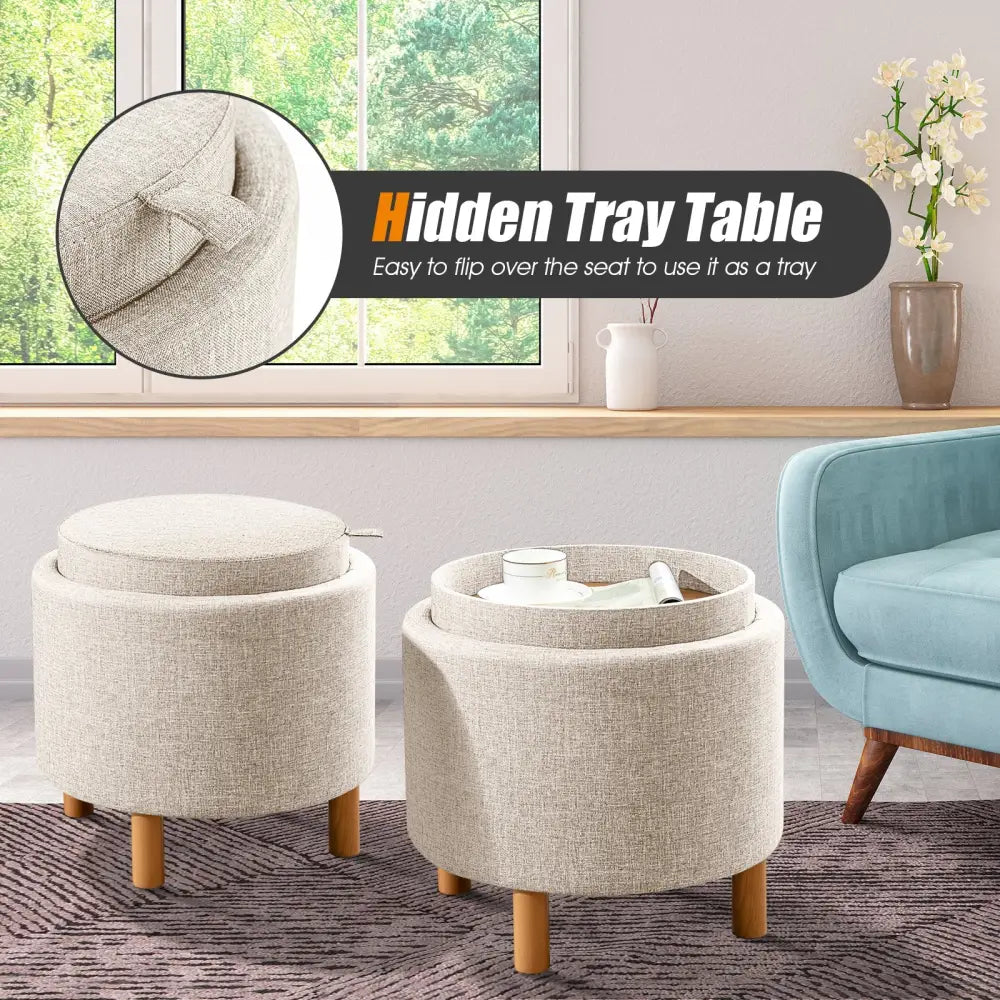 Round Fabric Storage Ottoman with Tray and Non-Slip Pads for Bedroom-Beige - Beige - Ottomans