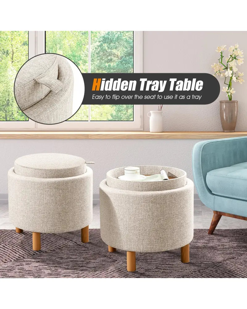 Round Fabric Storage Ottoman with Tray and Non-Slip Pads for Bedroom-Beige - Beige - Ottomans