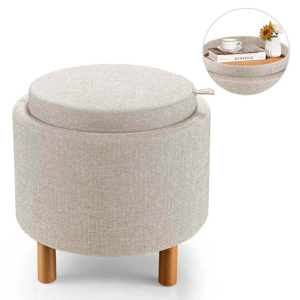 Round Fabric Storage Ottoman with Tray and Non-Slip Pads for Bedroom-Beige - Beige - Ottomans