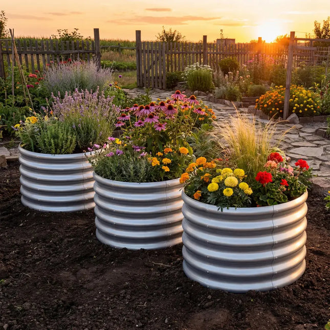 Round Galvanized Raised Garden Bed with Open-Ended Base-M - Silver - Raised Garden Beds