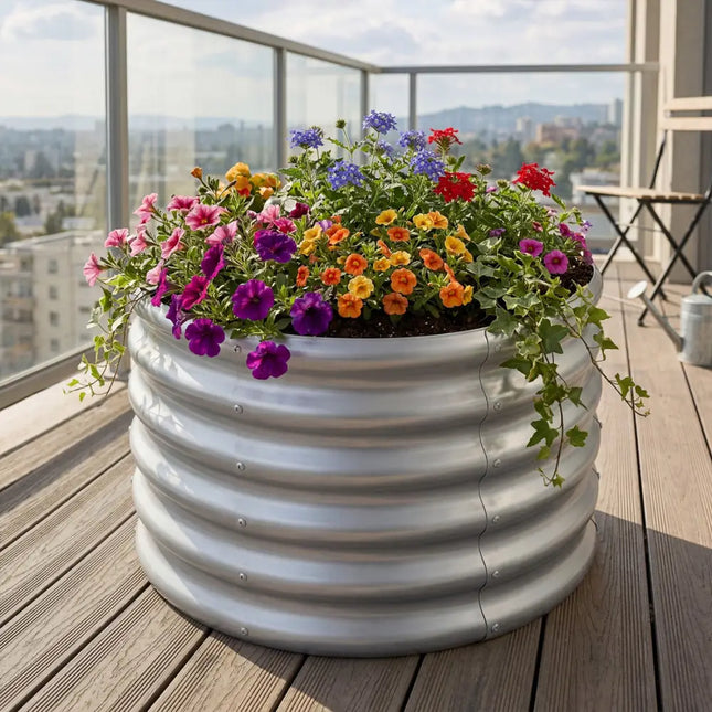 Round Galvanized Raised Garden Bed with Open-Ended Base-M - Silver - Raised Garden Beds