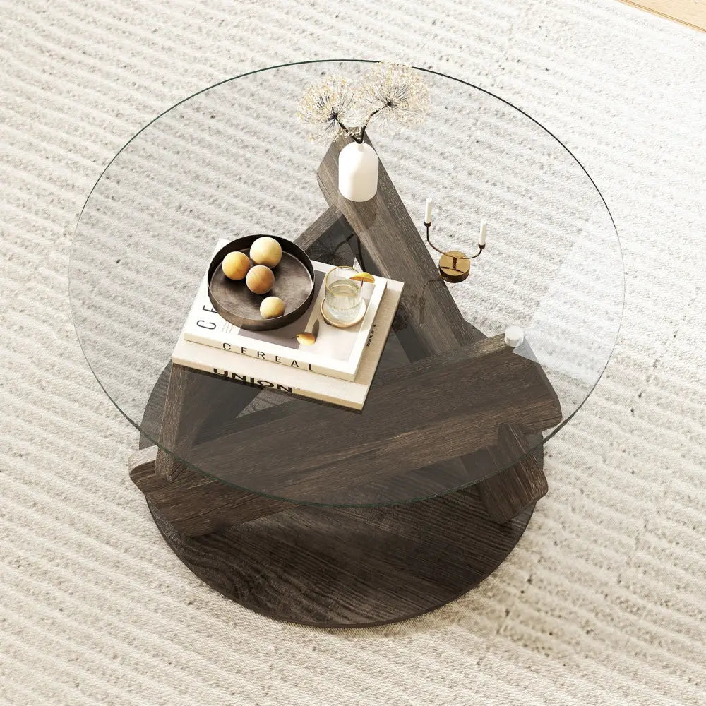 Round Glass Coffee Table 32 Inch Modern Center Table with Tempered Glass Top-Gray - Gray - Coffee Tables