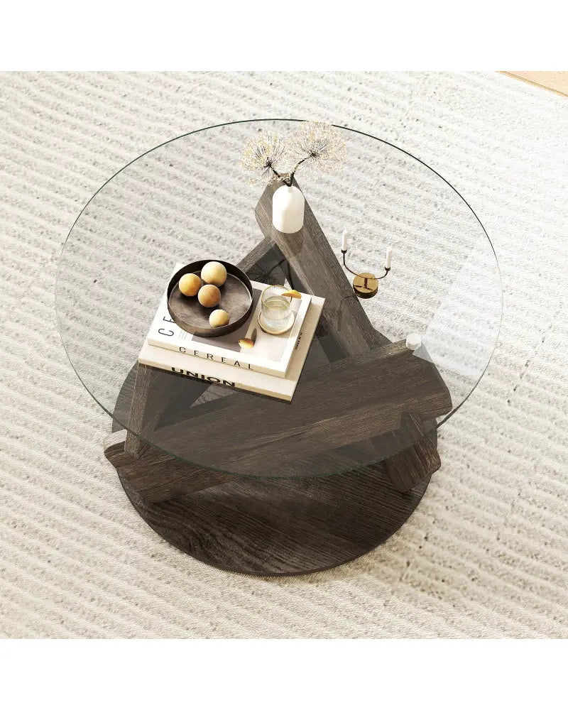Round Glass Coffee Table 32 Inch Modern Center Table with Tempered Glass Top-Gray - Gray - Coffee Tables