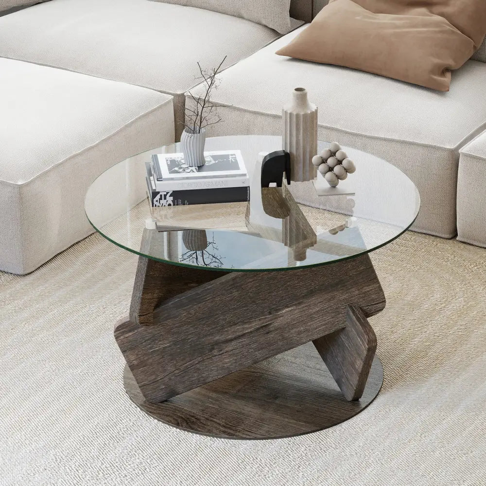 Round Glass Coffee Table 32 Inch Modern Center Table with Tempered Glass Top-Gray - Gray - Coffee Tables