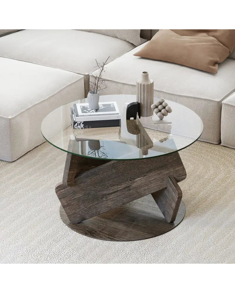 Round Glass Coffee Table 32 Inch Modern Center Table with Tempered Glass Top-Gray - Gray - Coffee Tables