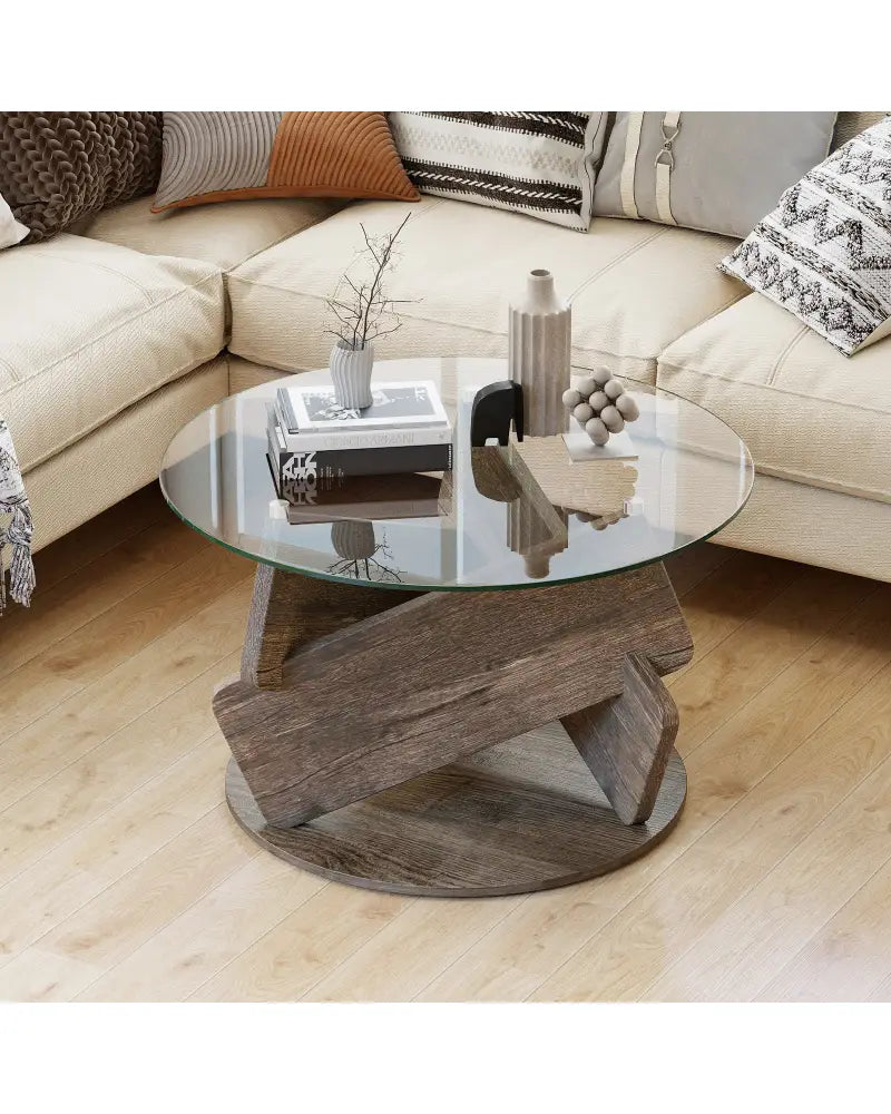 Round Glass Coffee Table 32 Inch Modern Center Table with Tempered Glass Top-Gray - Gray - Coffee Tables