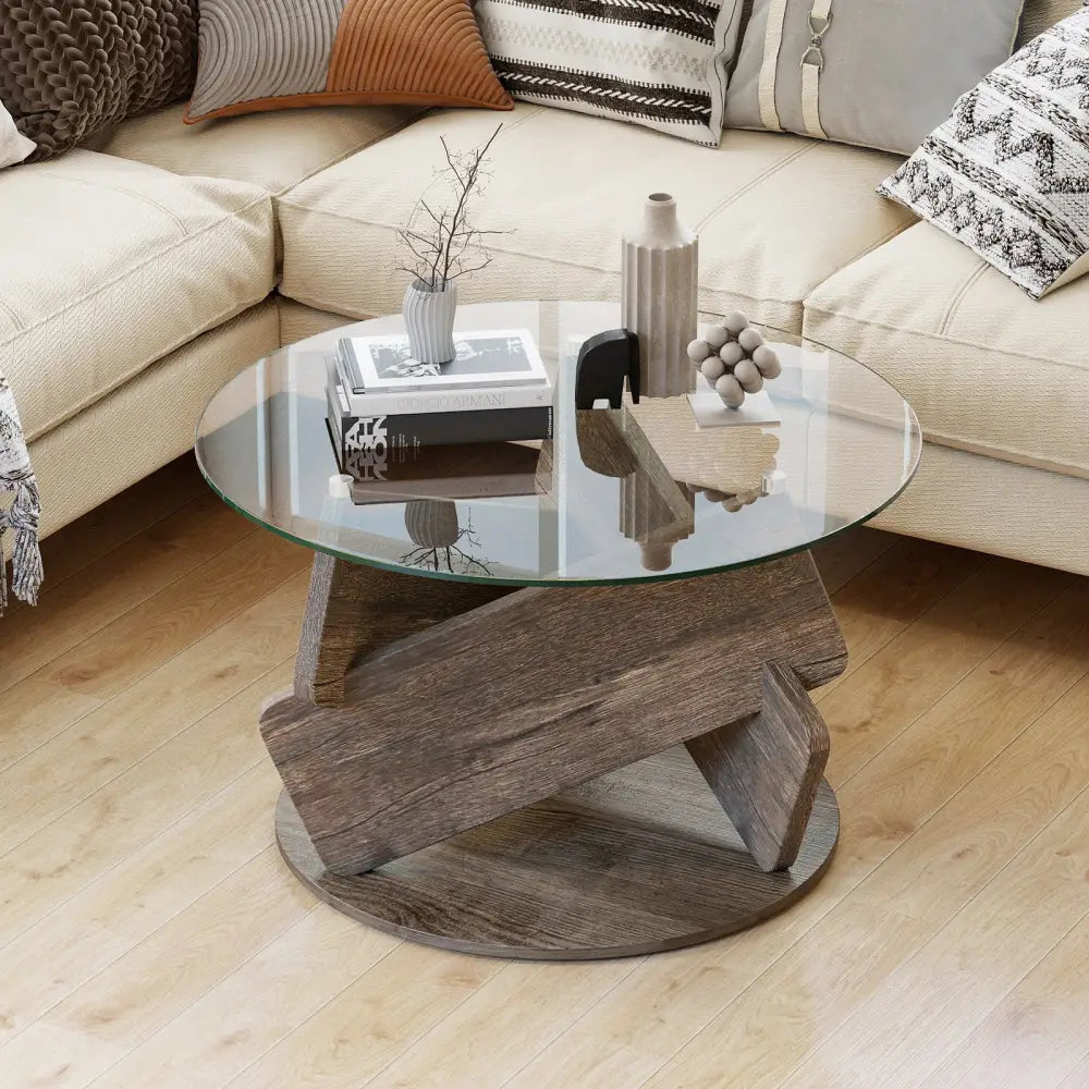 Round Glass Coffee Table 32 Inch Modern Center Table with Tempered Glass Top-Gray - Gray - Coffee Tables
