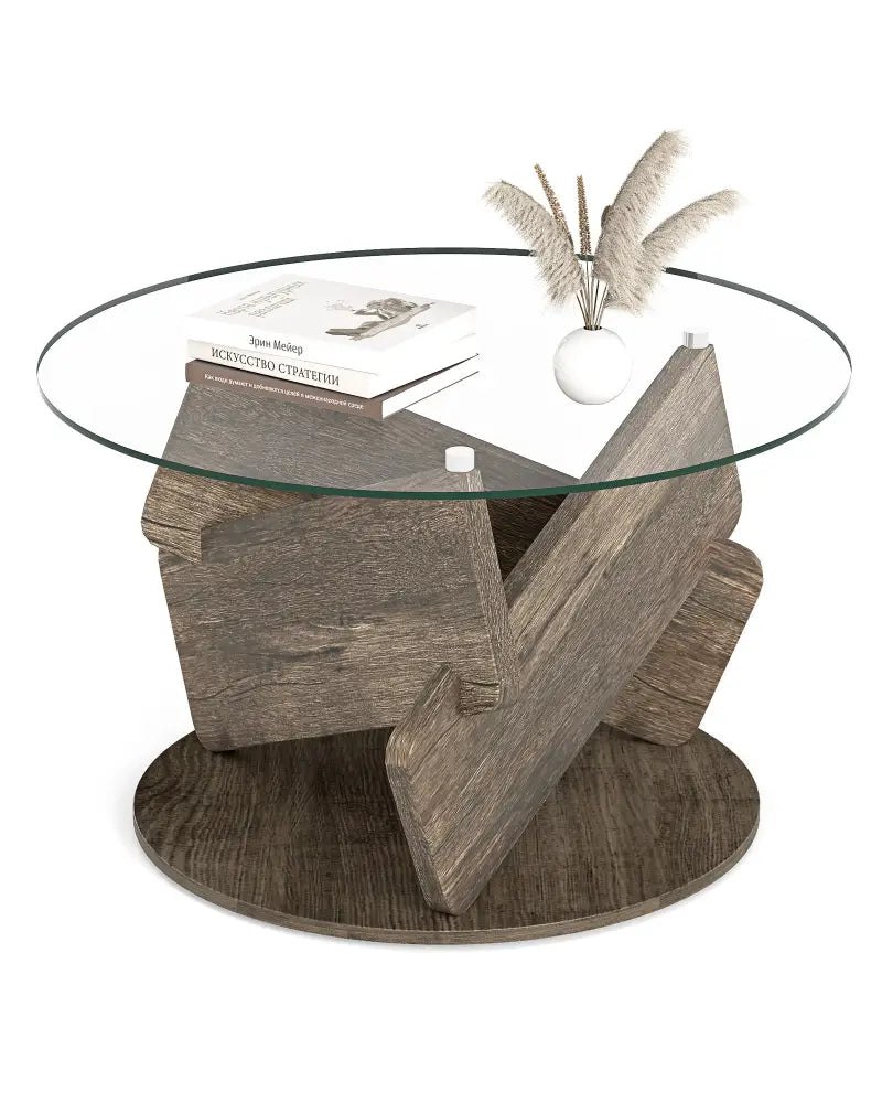 Round Glass Coffee Table 32 Inch Modern Center Table with Tempered Glass Top-Gray - Gray - Coffee Tables