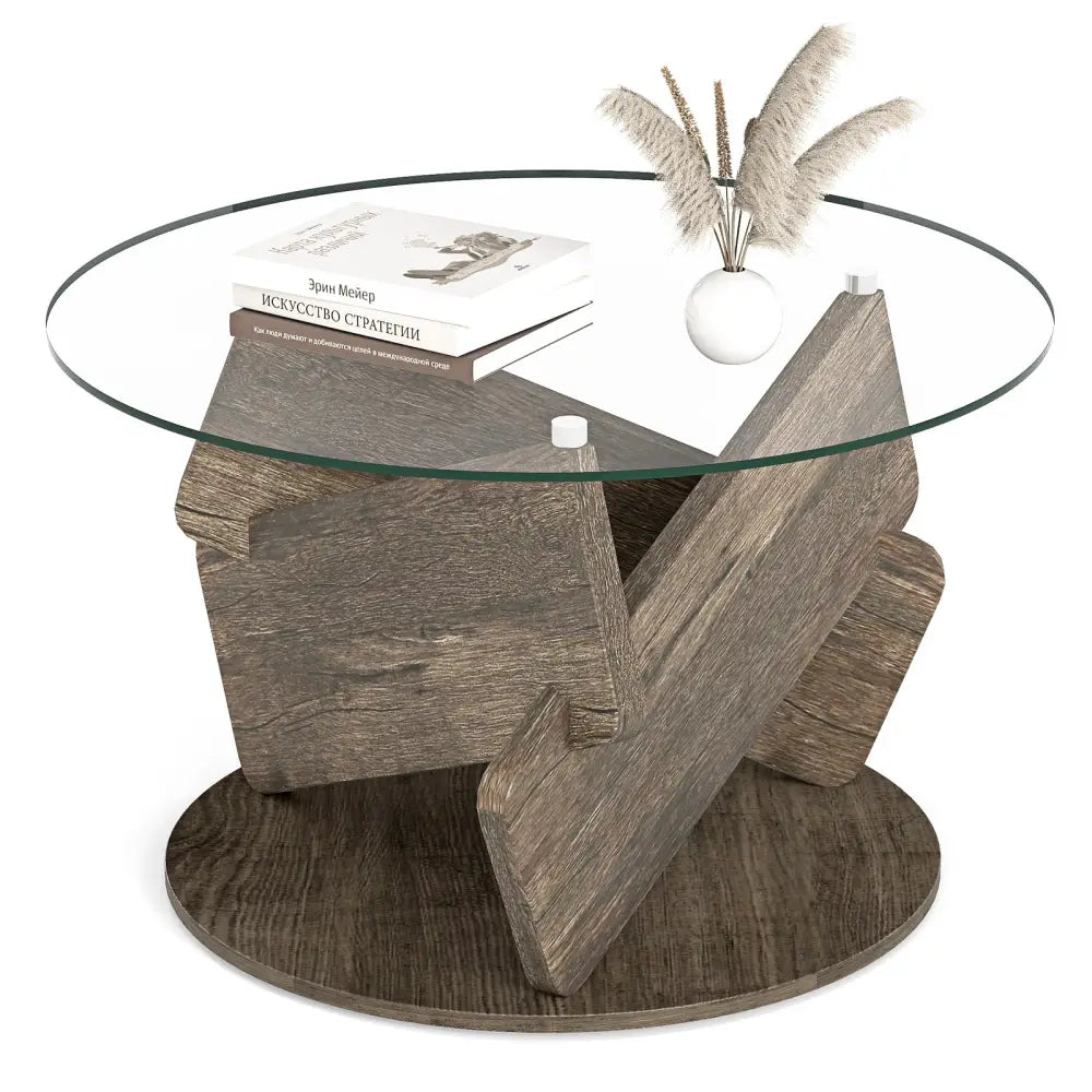 Round Glass Coffee Table 32 Inch Modern Center Table with Tempered Glass Top-Gray - Gray - Coffee Tables
