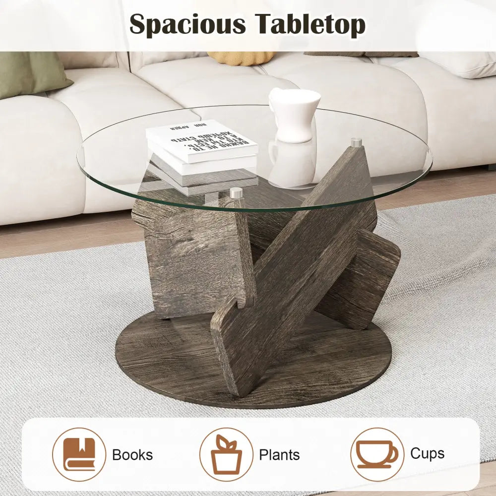 Round Glass Coffee Table 32 Inch Modern Center Table with Tempered Glass Top-Gray - Gray - Coffee Tables
