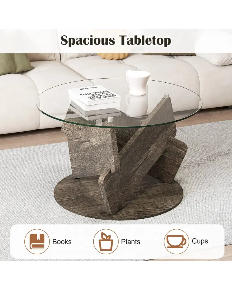 Round Glass Coffee Table 32 Inch Modern Center Table with Tempered Glass Top-Gray - Gray - Coffee Tables