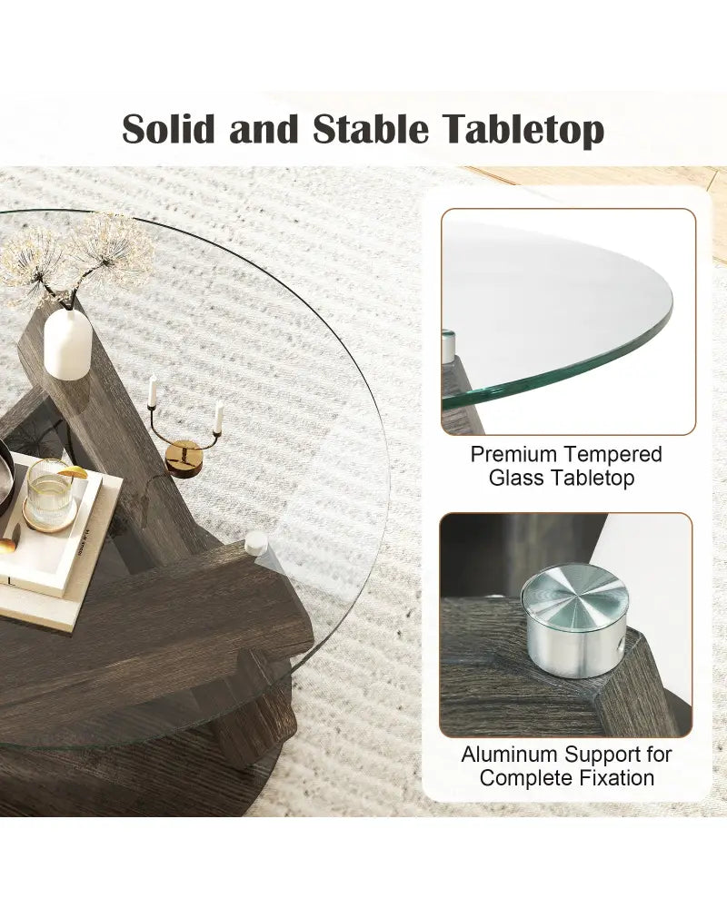 Round Glass Coffee Table 32 Inch Modern Center Table with Tempered Glass Top-Gray - Gray - Coffee Tables