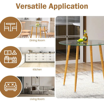 Round Glass Dining Table Leisure Coffee Table with Metal Legs-Natural - Natural - Dining Tables
