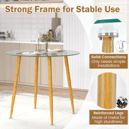 Round Glass Dining Table Leisure Coffee Table with Metal Legs-Natural - Natural - Dining Tables