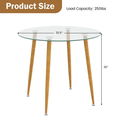 Round Glass Dining Table Leisure Coffee Table with Metal Legs-Natural - Natural - Dining Tables