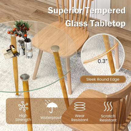 Round Glass Dining Table Leisure Coffee Table with Metal Legs-Natural - Natural - Dining Tables