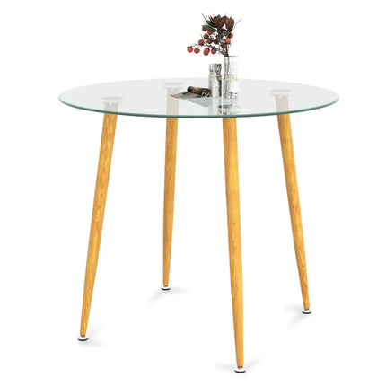 Round Glass Dining Table Leisure Coffee Table with Metal Legs-Natural - Natural - Dining Tables