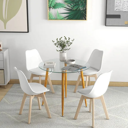 Round Glass Dining Table Leisure Coffee Table with Metal Legs-Natural - Natural - Dining Tables