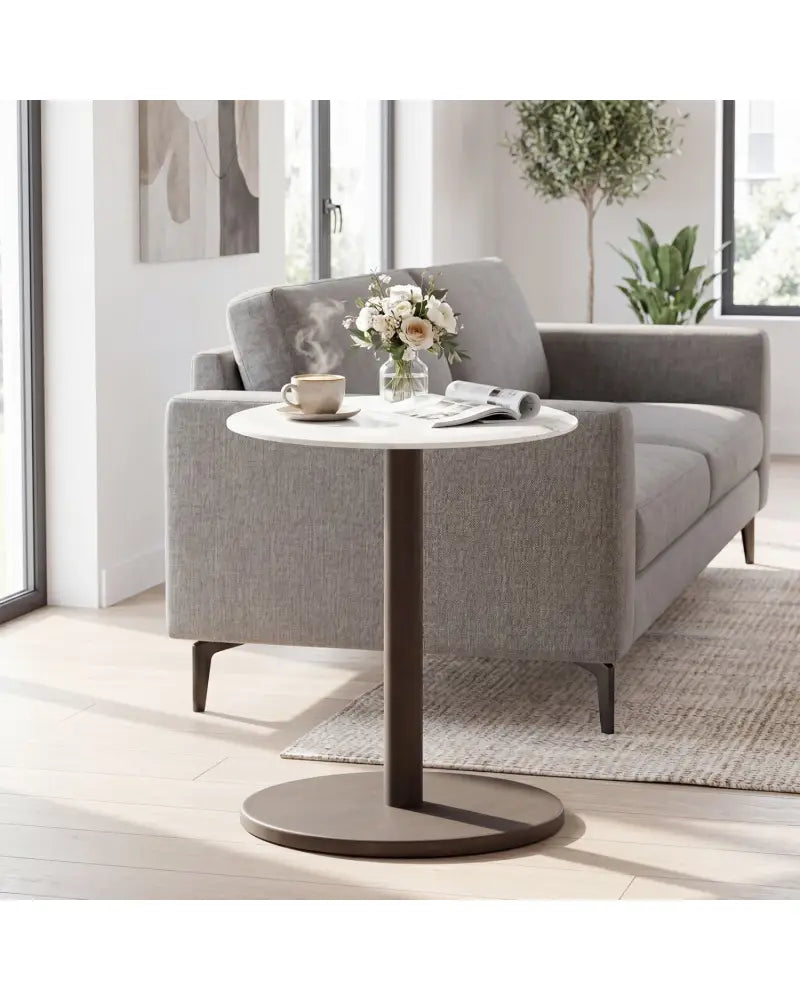 Round Marble Side Table Pedestal End Table with Stone Finish and Wooden-Black & White - Black & White - End & Side