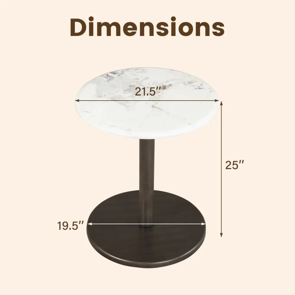 Round Marble Side Table Pedestal End Table with Stone Finish and Wooden-Black & White - Black & White - End & Side
