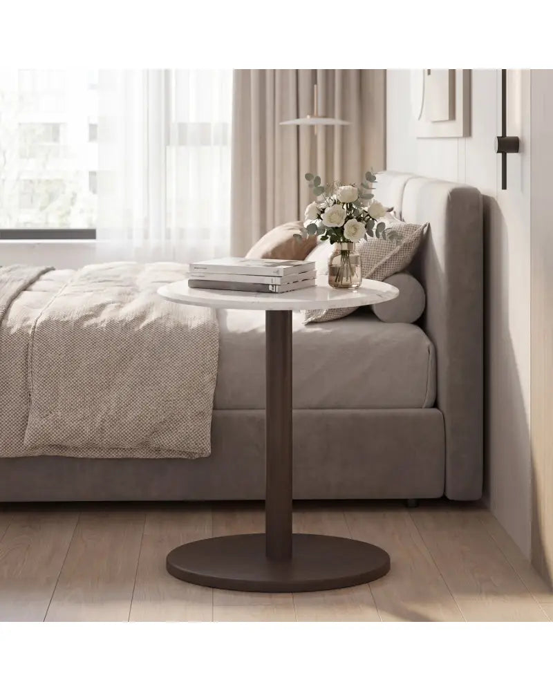 Round Marble Side Table Pedestal End Table with Stone Finish and Wooden-Black & White - Black & White - End & Side