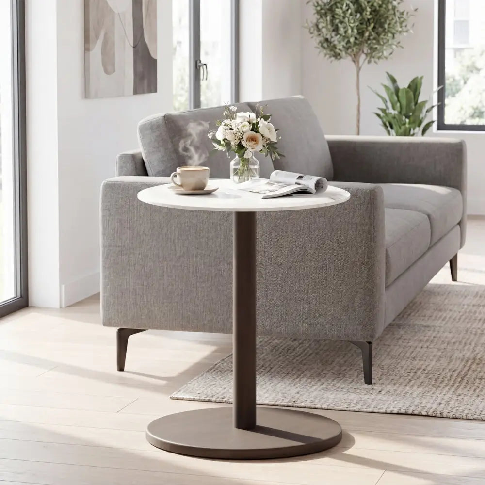 Round Marble Side Table Pedestal End Table with Stone Finish and Wooden-Black & White - Black & White - End & Side