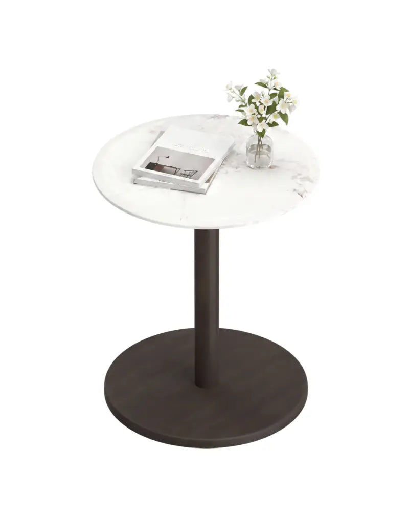 Round Marble Side Table Pedestal End Table with Stone Finish and Wooden-Black & White - Black & White - End & Side