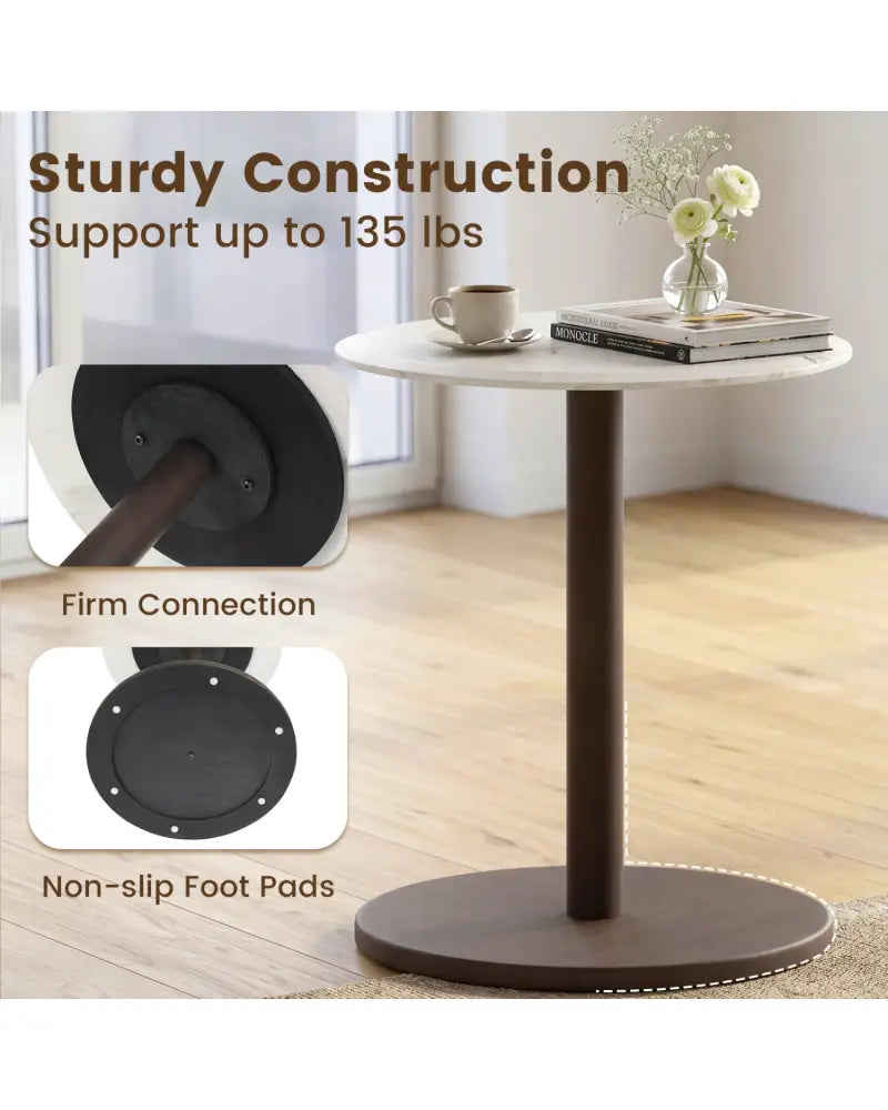 Round Marble Side Table Pedestal End Table with Stone Finish and Wooden-Black & White - Black & White - End & Side