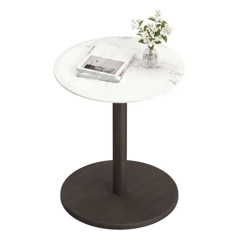 Round Marble Side Table Pedestal End Table with Stone Finish and Wooden-Black & White - Black & White - End & Side