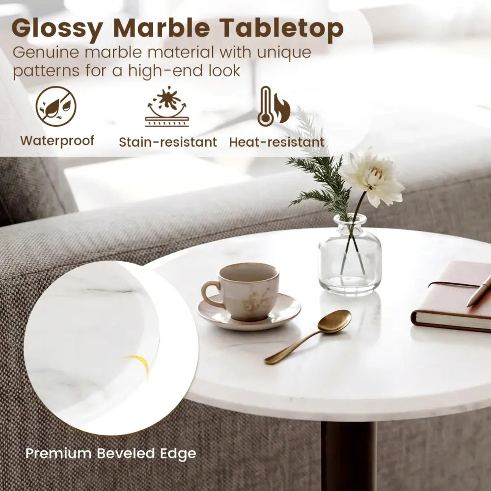 Round Marble Side Table Pedestal End Table with Stone Finish and Wooden-Black & White - Black & White - End & Side