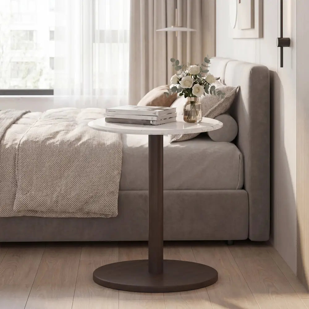 Round Marble Side Table Pedestal End Table with Stone Finish and Wooden-Black & White - Black & White - End & Side