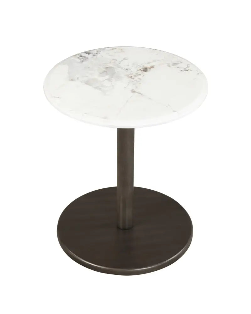 Round Marble Side Table Pedestal End Table with Stone Finish and Wooden-Black & White - Black & White - End & Side