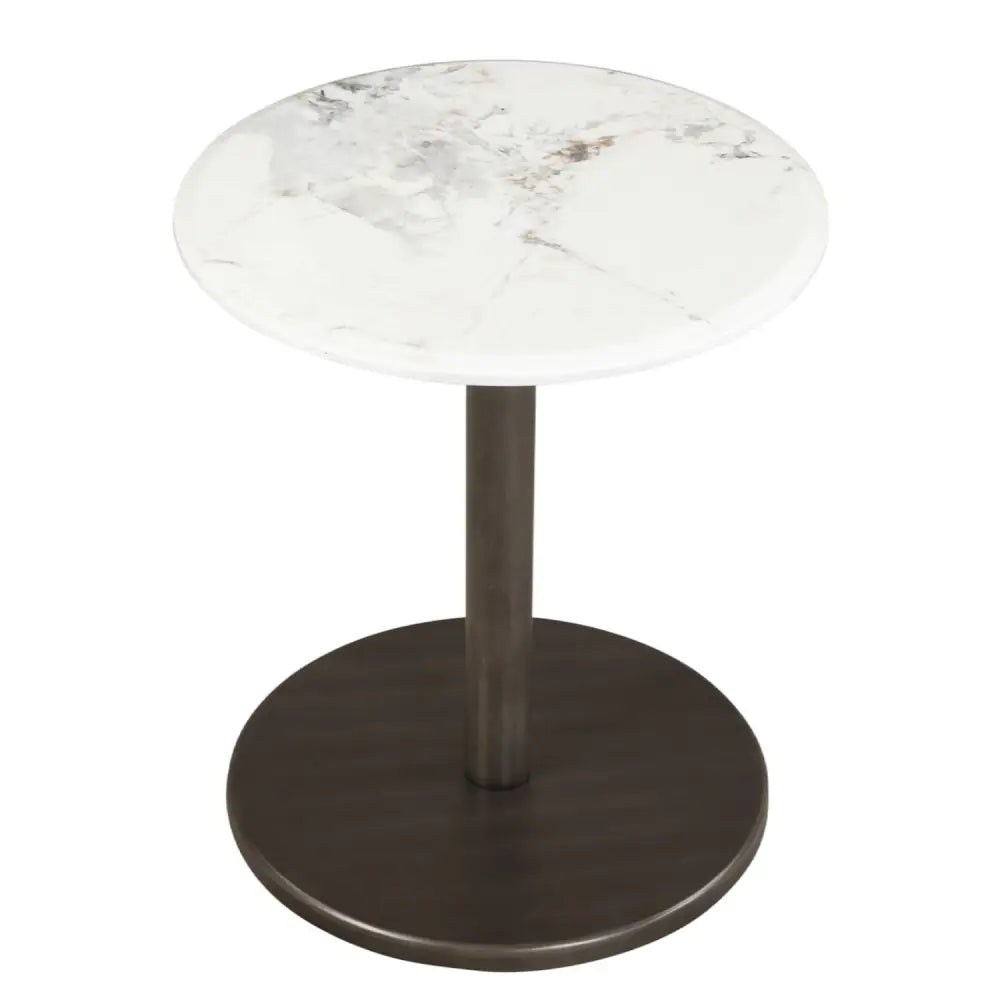Round Marble Side Table Pedestal End Table with Stone Finish and Wooden-Black & White - Black & White - End & Side