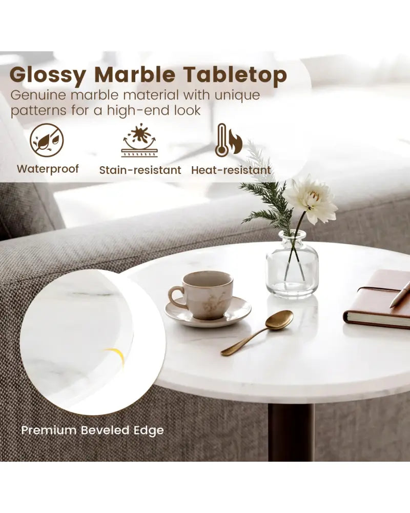 Round Marble Side Table Pedestal End Table with Stone Finish and Wooden-Black & White - Black & White - End & Side