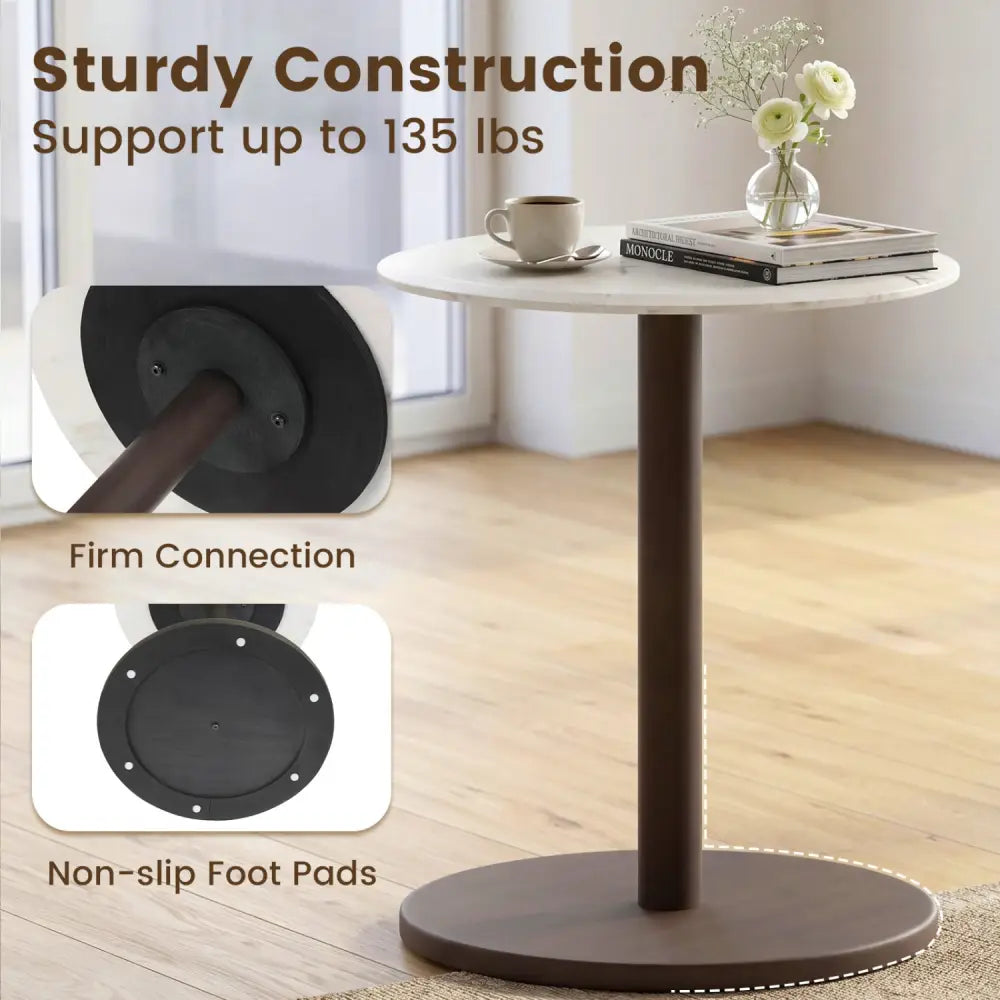 Round Marble Side Table Pedestal End Table with Stone Finish and Wooden-Black & White - Black & White - End & Side