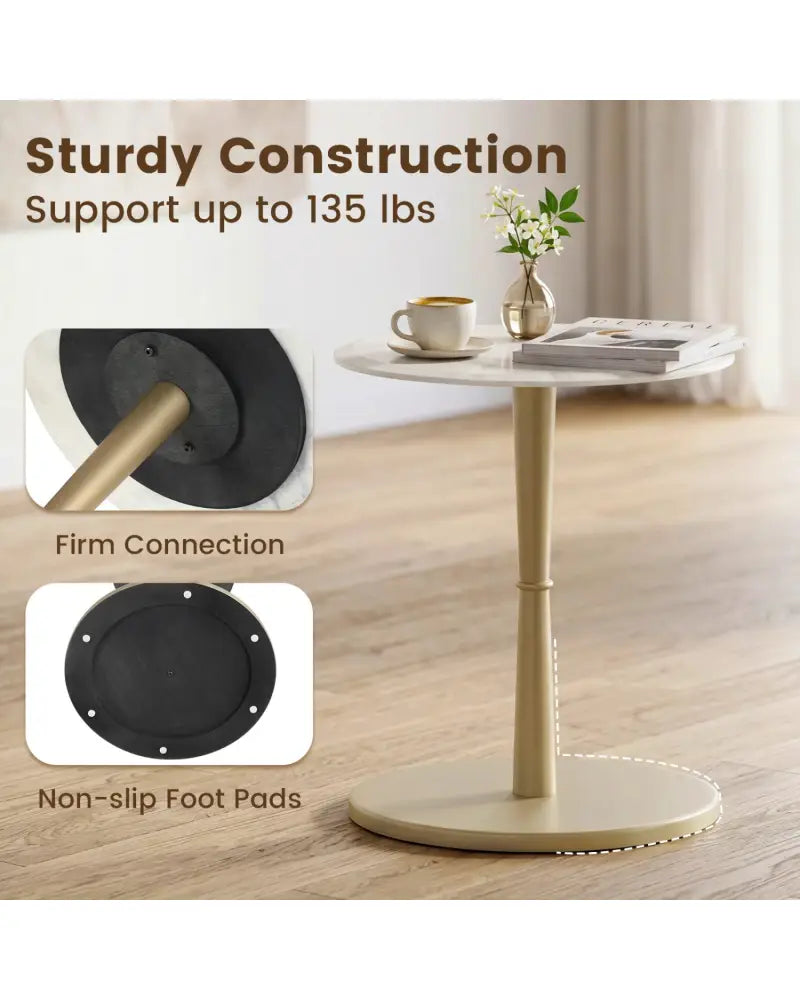 Round Marble Side Table with Stone Finish and Wooden Base for Small Spaces-White and Gold - White & Golden - End & Side