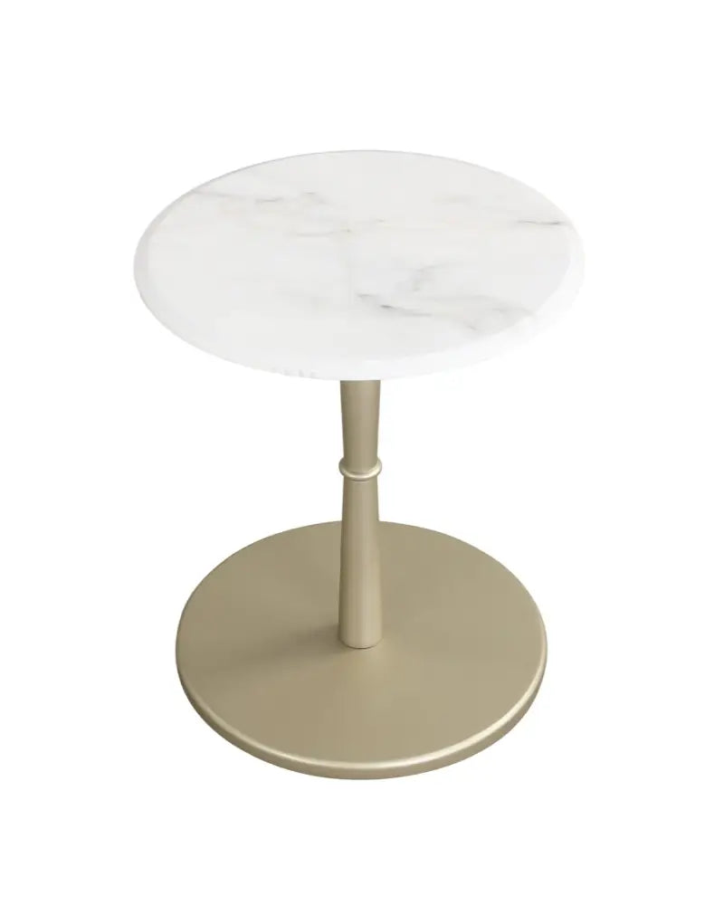 Round Marble Side Table with Stone Finish and Wooden Base for Small Spaces-White and Gold - White & Golden - End & Side