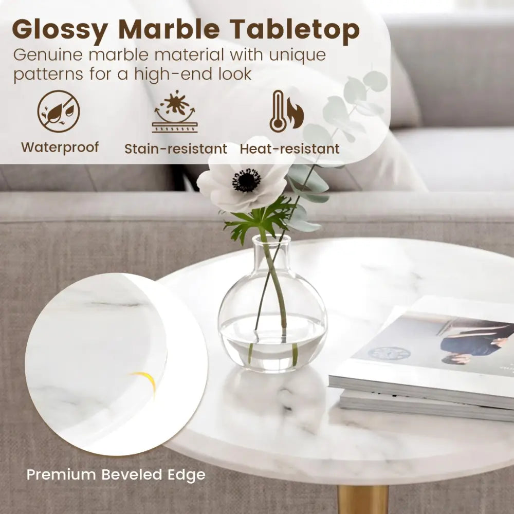 Round Marble Side Table with Stone Finish and Wooden Base for Small Spaces-White and Gold - White & Golden - End & Side