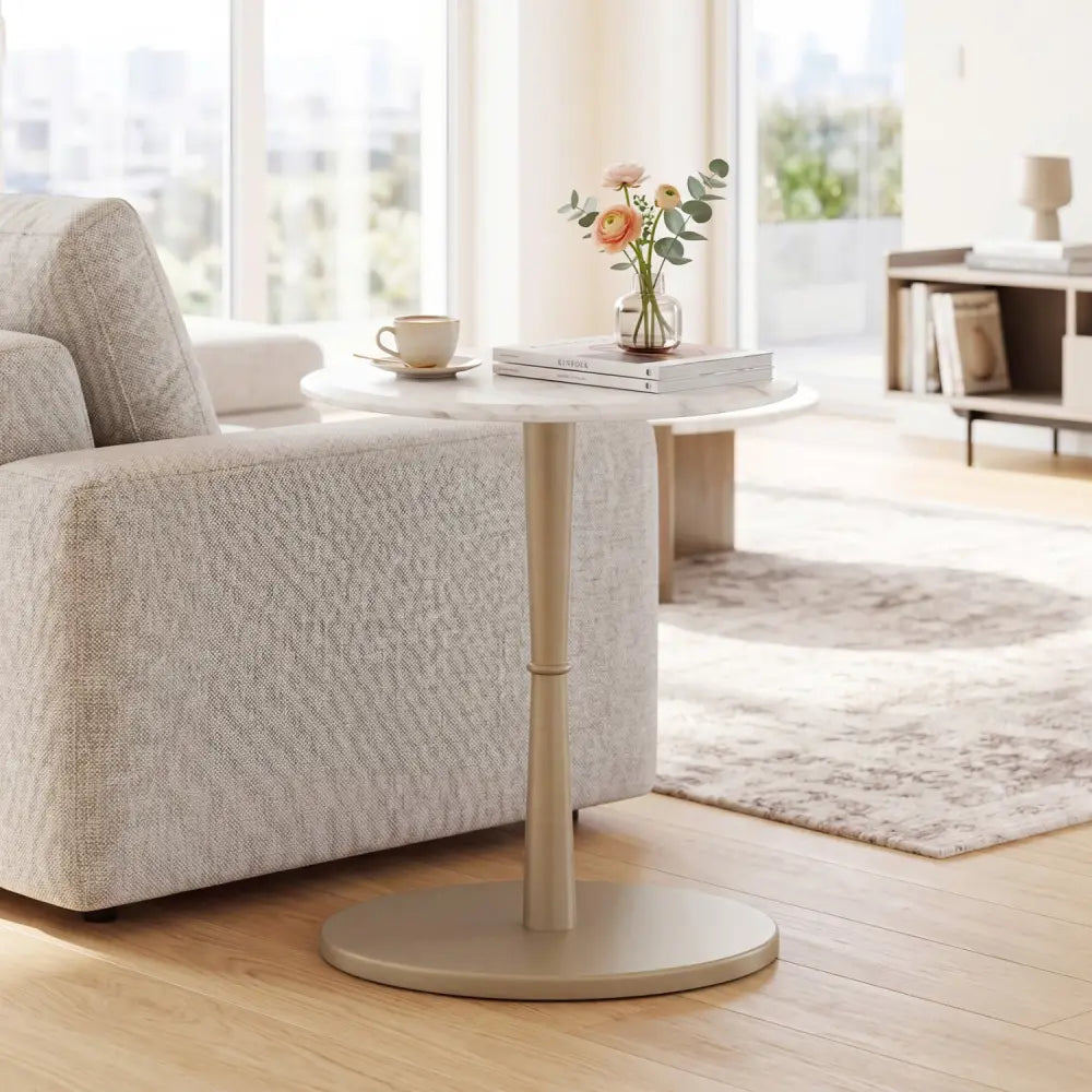 Round Marble Side Table with Stone Finish and Wooden Base for Small Spaces-White and Gold - White & Golden - End & Side