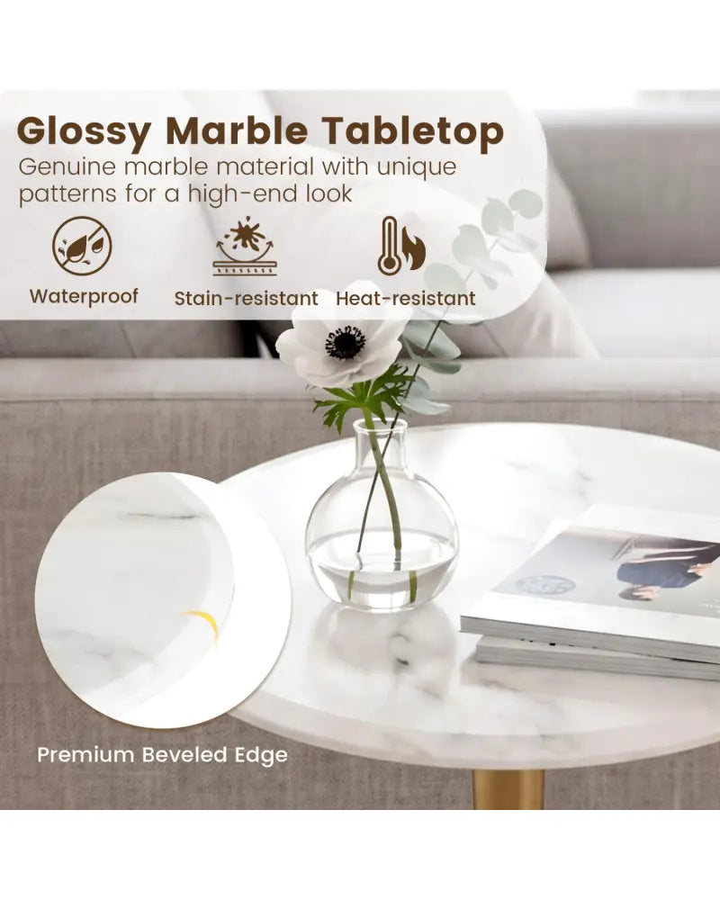 Round Marble Side Table with Stone Finish and Wooden Base for Small Spaces-White and Gold - White & Golden - End & Side