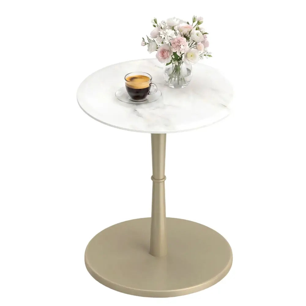 Round Marble Side Table with Stone Finish and Wooden Base for Small Spaces-White and Gold - White & Golden - End & Side